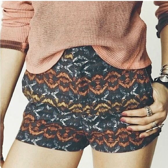 Free People Linen Blend Shorts High Waisted Boho Print Blue Orange Size 4